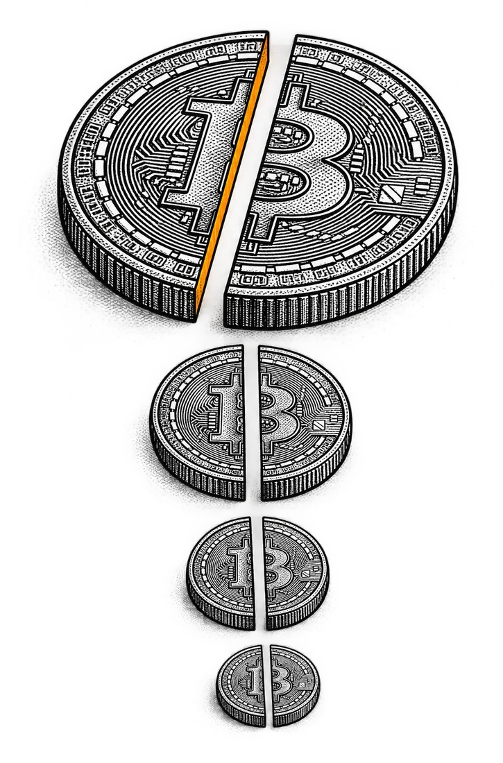 A coin cut in half, above four smaller coins, each half the size of the one before